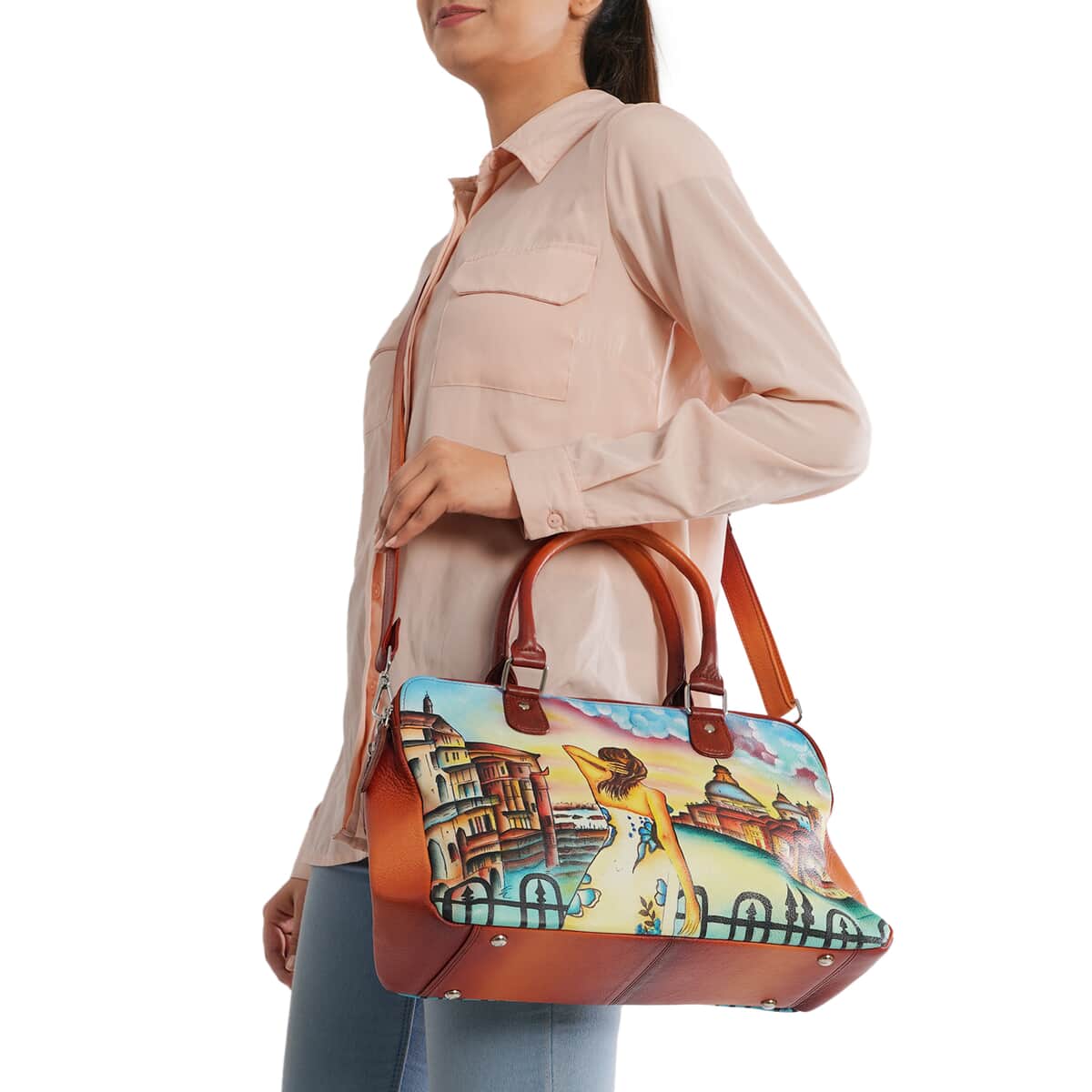 Sukriti Rust Tan City View Hand Painted Genuine Leather Shoulder Bag image number 1