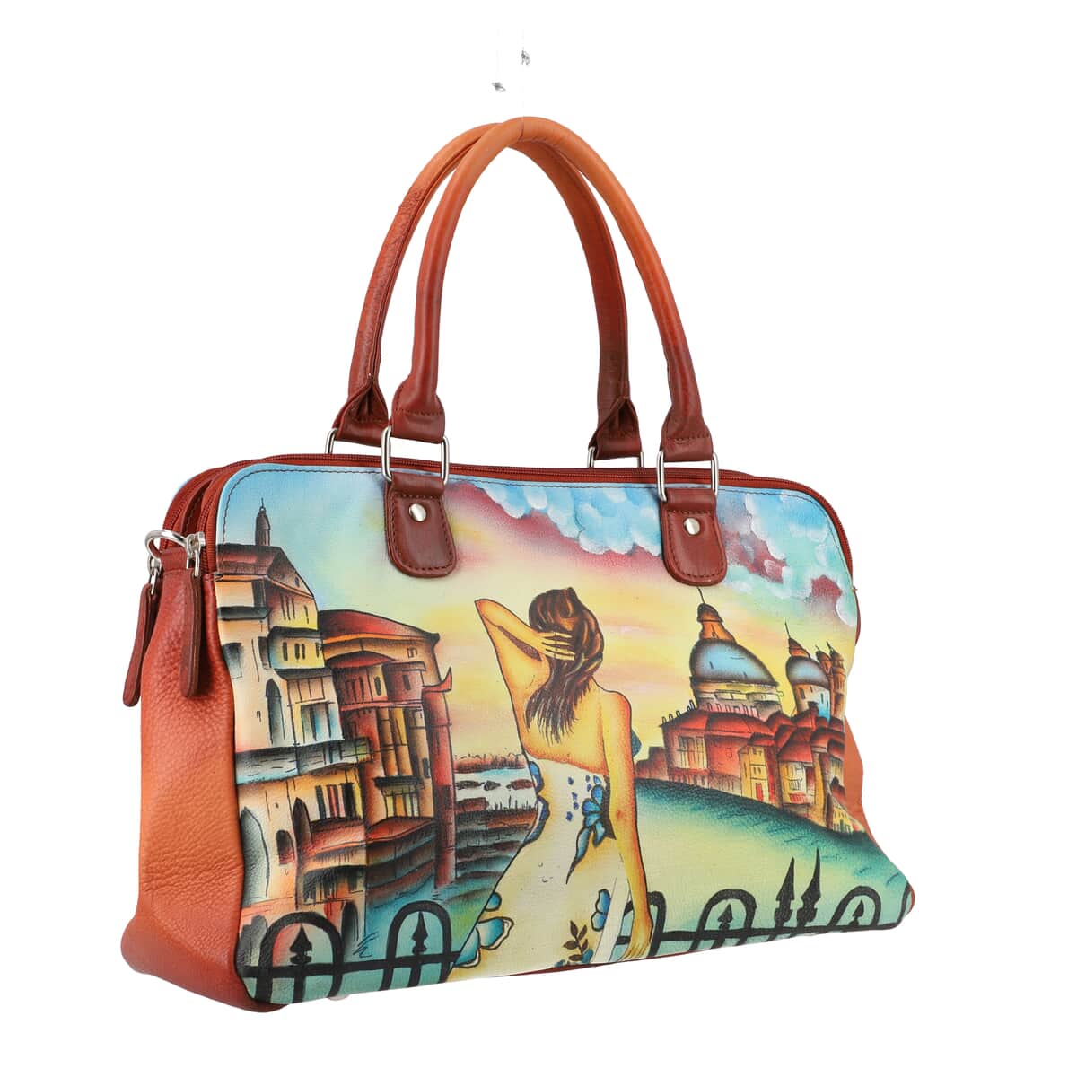 Sukriti Rust Tan City View Hand Painted Genuine Leather Shoulder Bag image number 3