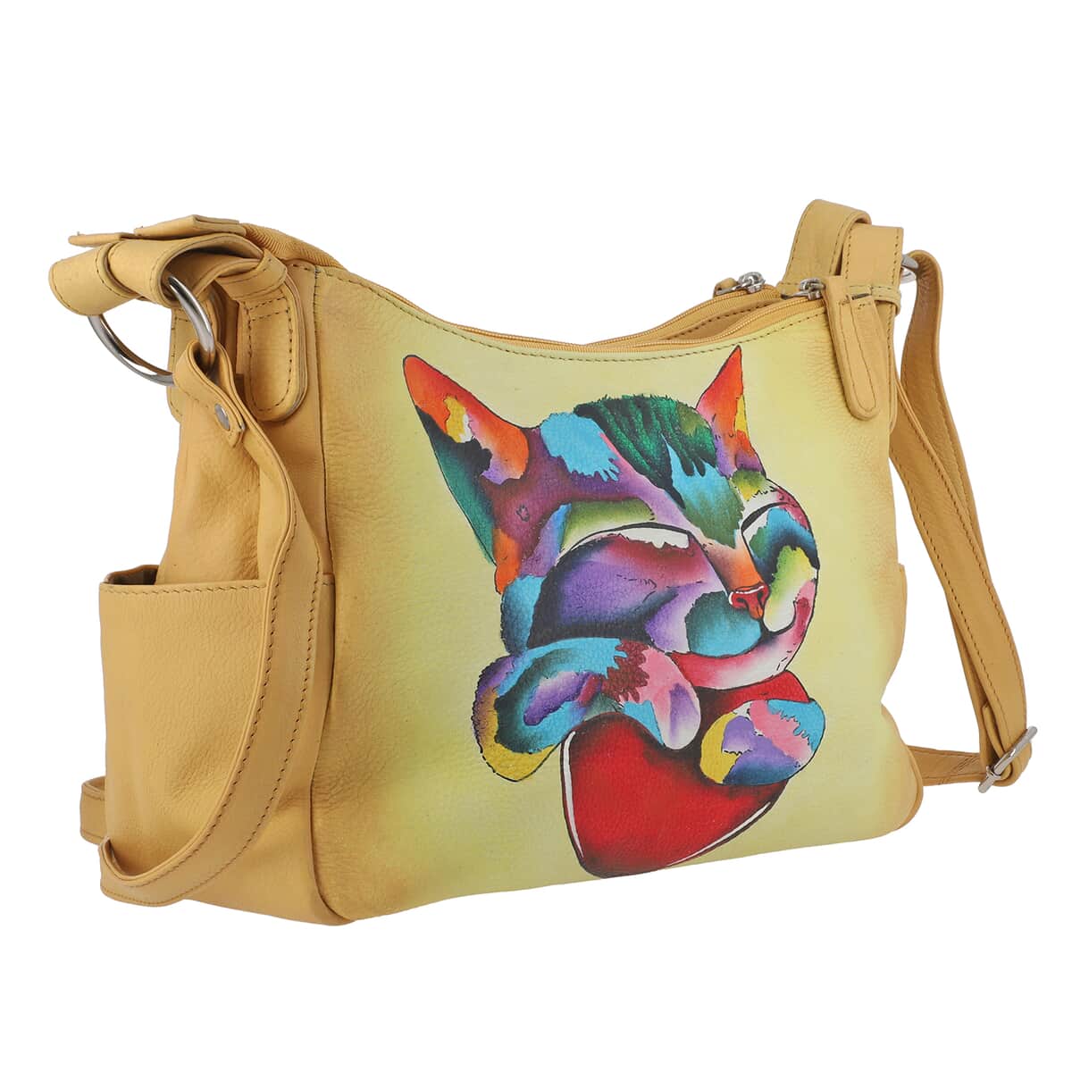 "100% Genuine Leather Ladies Hobo Crossbody Bag, Brand : Sukriti, Theme: Loving Cat Color : Dark Beige Size: 9.5L x 7.5H x 3.5W Inch" image number 2