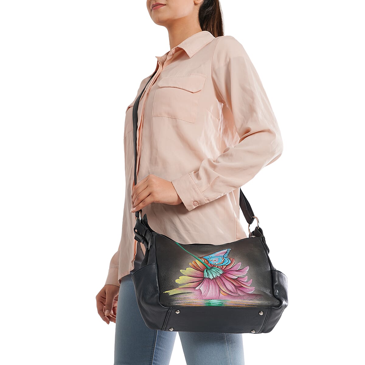 SUKRITI Black Inverted Flower with Butterfly Hand Painted Genuine Leather Hobo Crossbody Bag image number 1