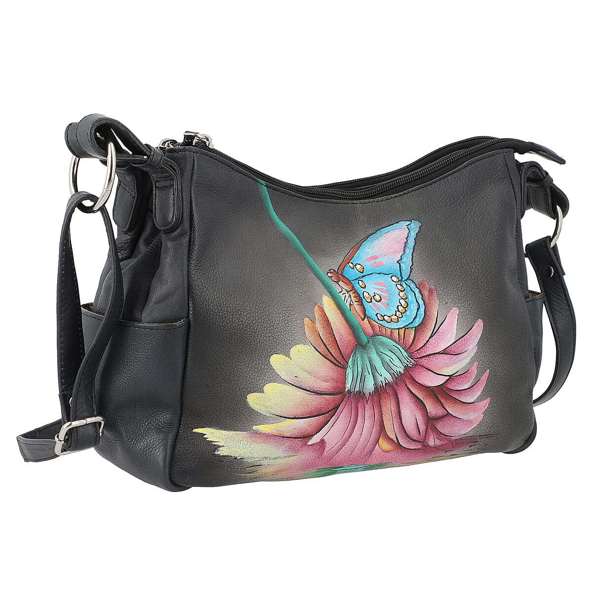 SUKRITI Black Inverted Flower with Butterfly Hand Painted Genuine Leather Hobo Crossbody Bag image number 2