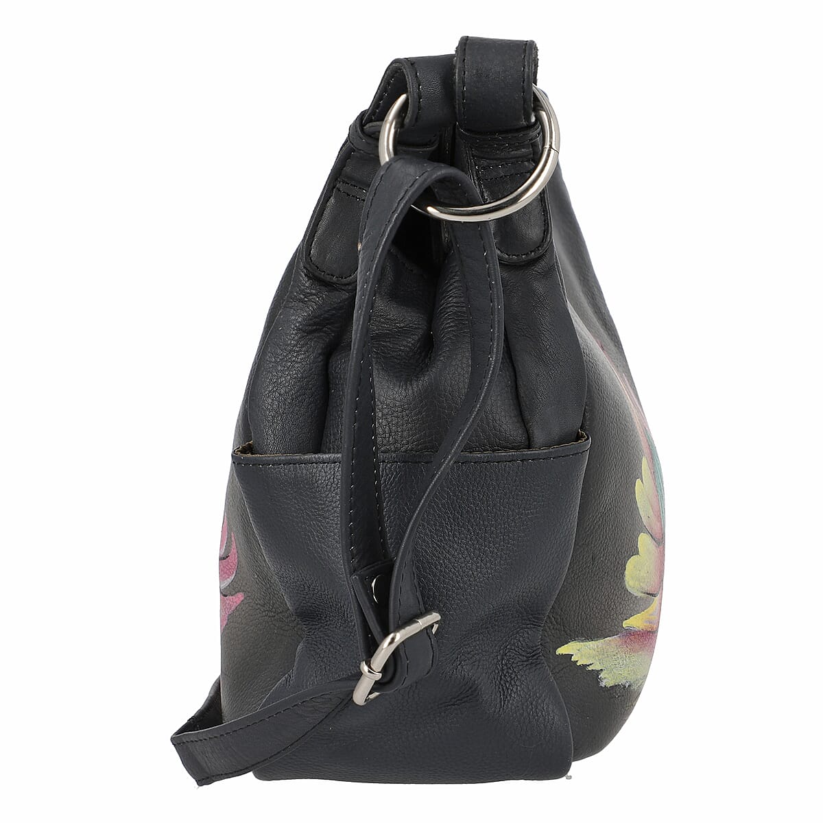 SUKRITI Black Inverted Flower with Butterfly Hand Painted Genuine Leather Hobo Crossbody Bag image number 3
