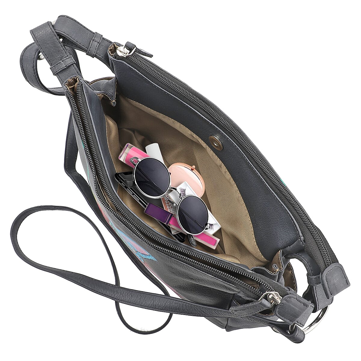 SUKRITI Black Inverted Flower with Butterfly Hand Painted Genuine Leather Hobo Crossbody Bag image number 5