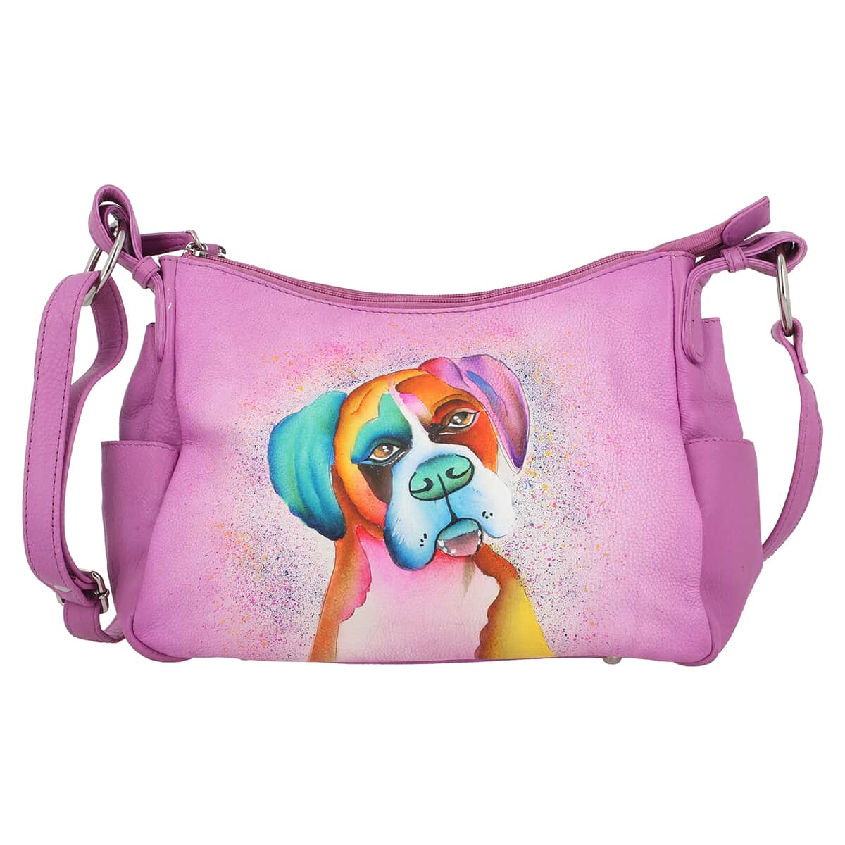 SUKRITI Shaded Pink Curious Dog Hand Painted Genuine Leather Hobo Crossbody Bag image number 0