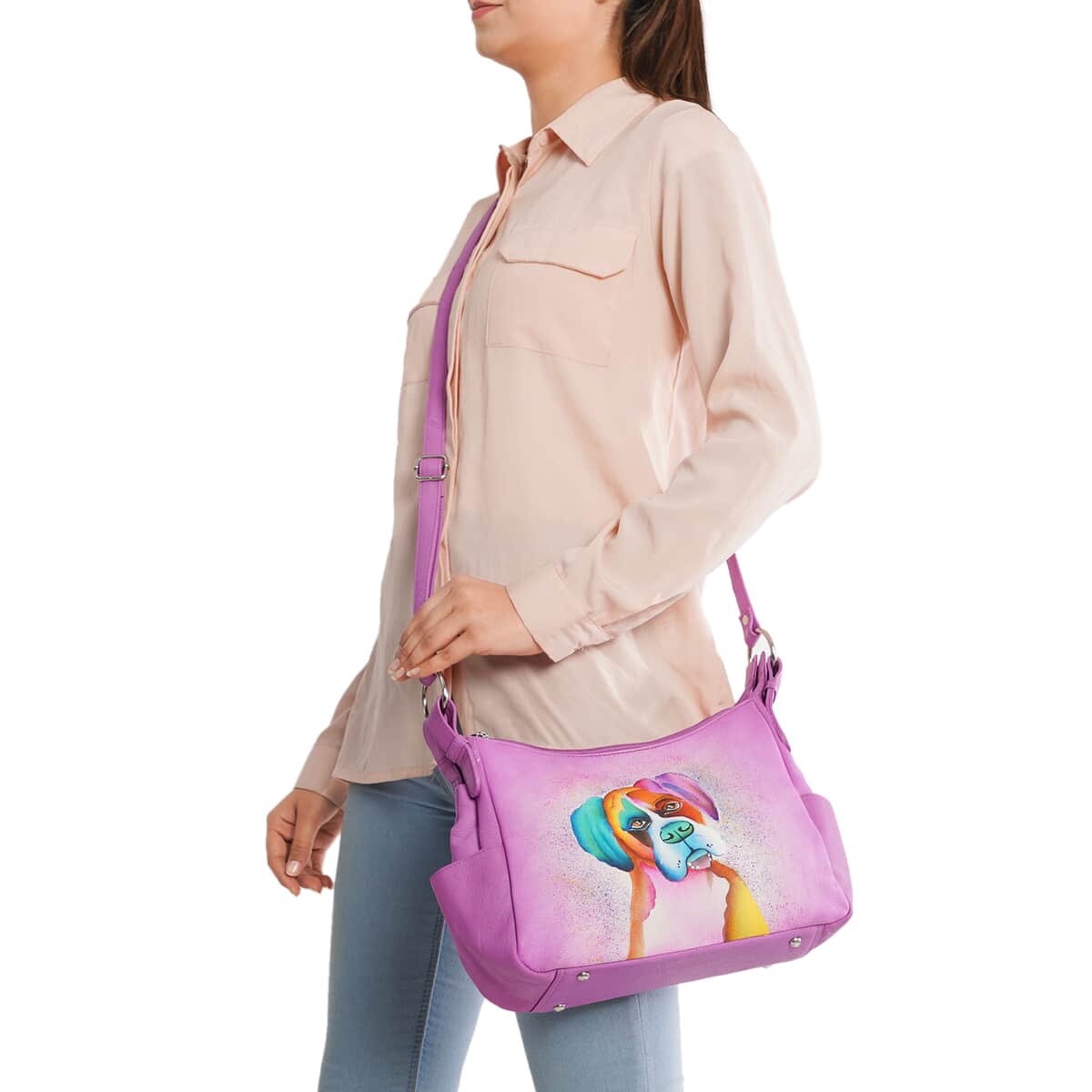 SUKRITI Shaded Pink Curious Dog Hand Painted Genuine Leather Hobo Crossbody Bag image number 1