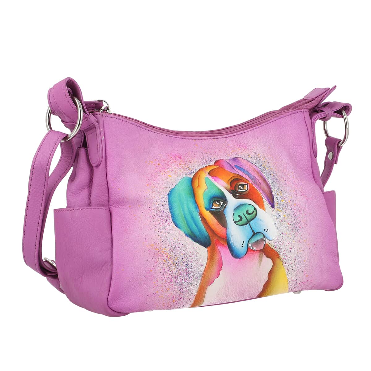 SUKRITI Shaded Pink Curious Dog Hand Painted Genuine Leather Hobo Crossbody Bag image number 2