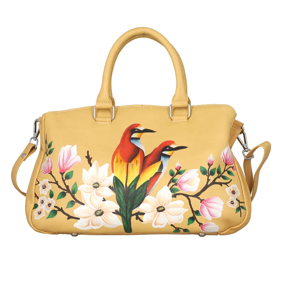 SUKRITI Beige Floral Bird Hand Painted Genuine Leather Shoulder Bag (11"x3.5"x8") image number 0