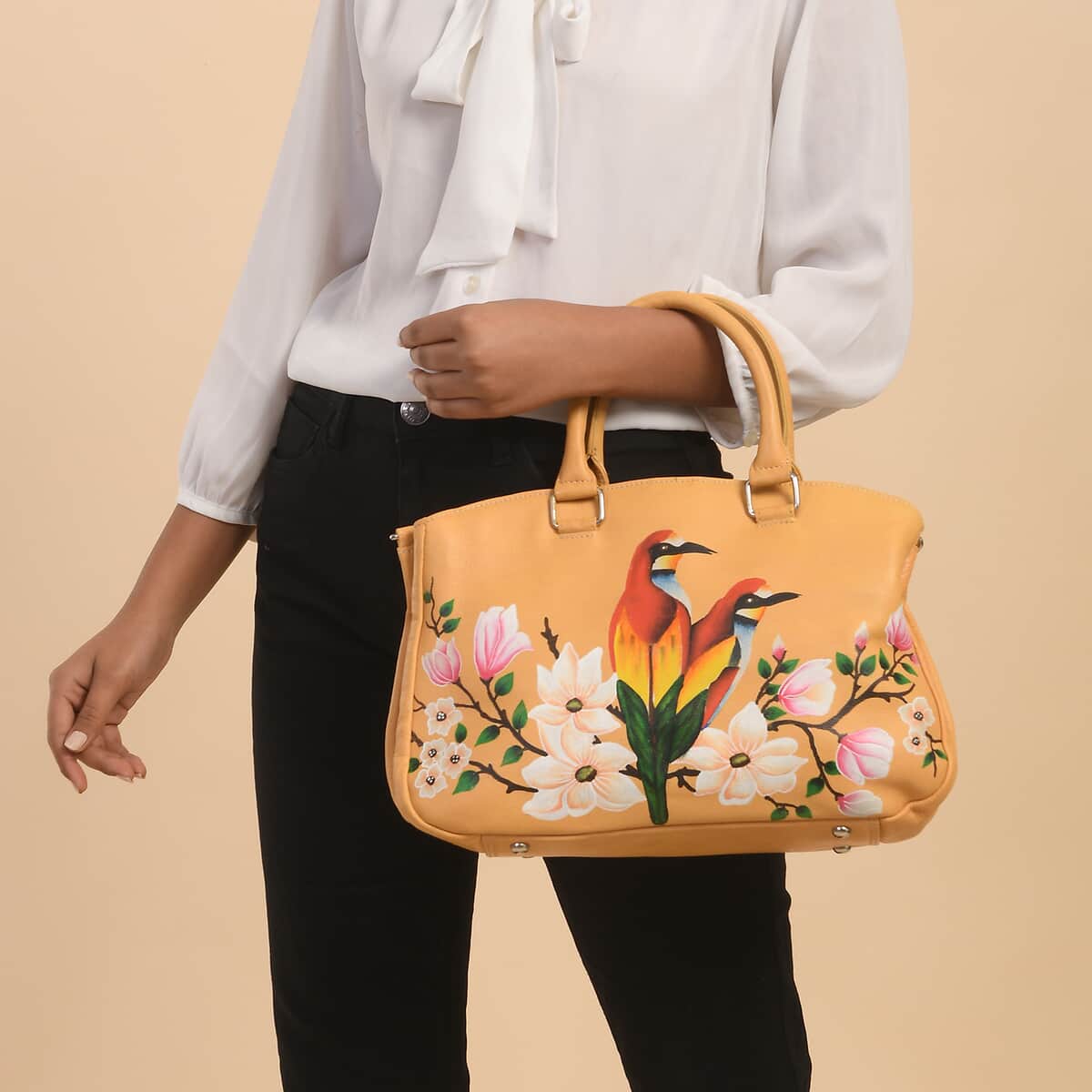 SUKRITI Beige Floral Bird Hand Painted Genuine Leather Shoulder Bag (11"x3.5"x8") image number 1