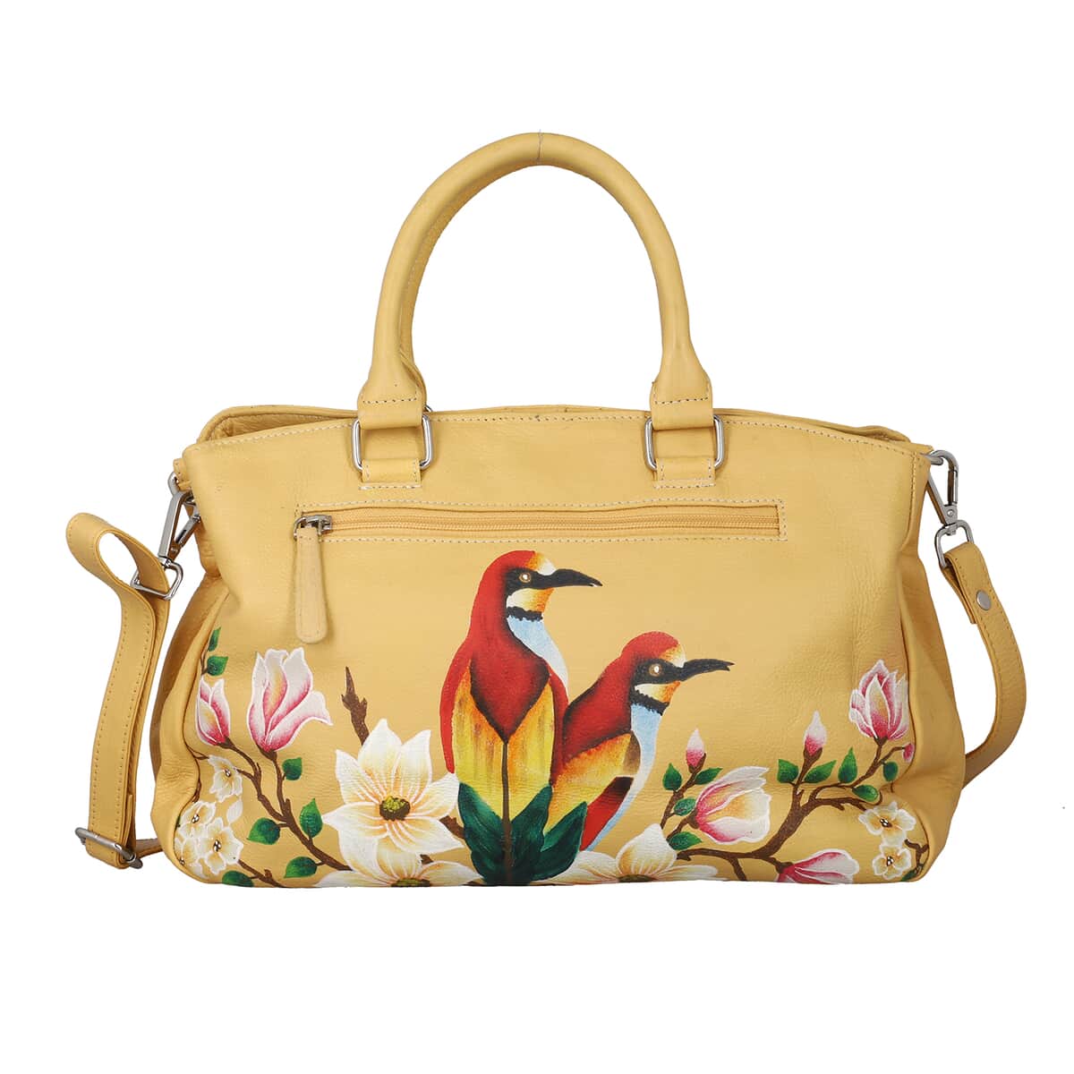 SUKRITI Beige Floral Bird Hand Painted Genuine Leather Shoulder Bag (11"x3.5"x8") image number 3