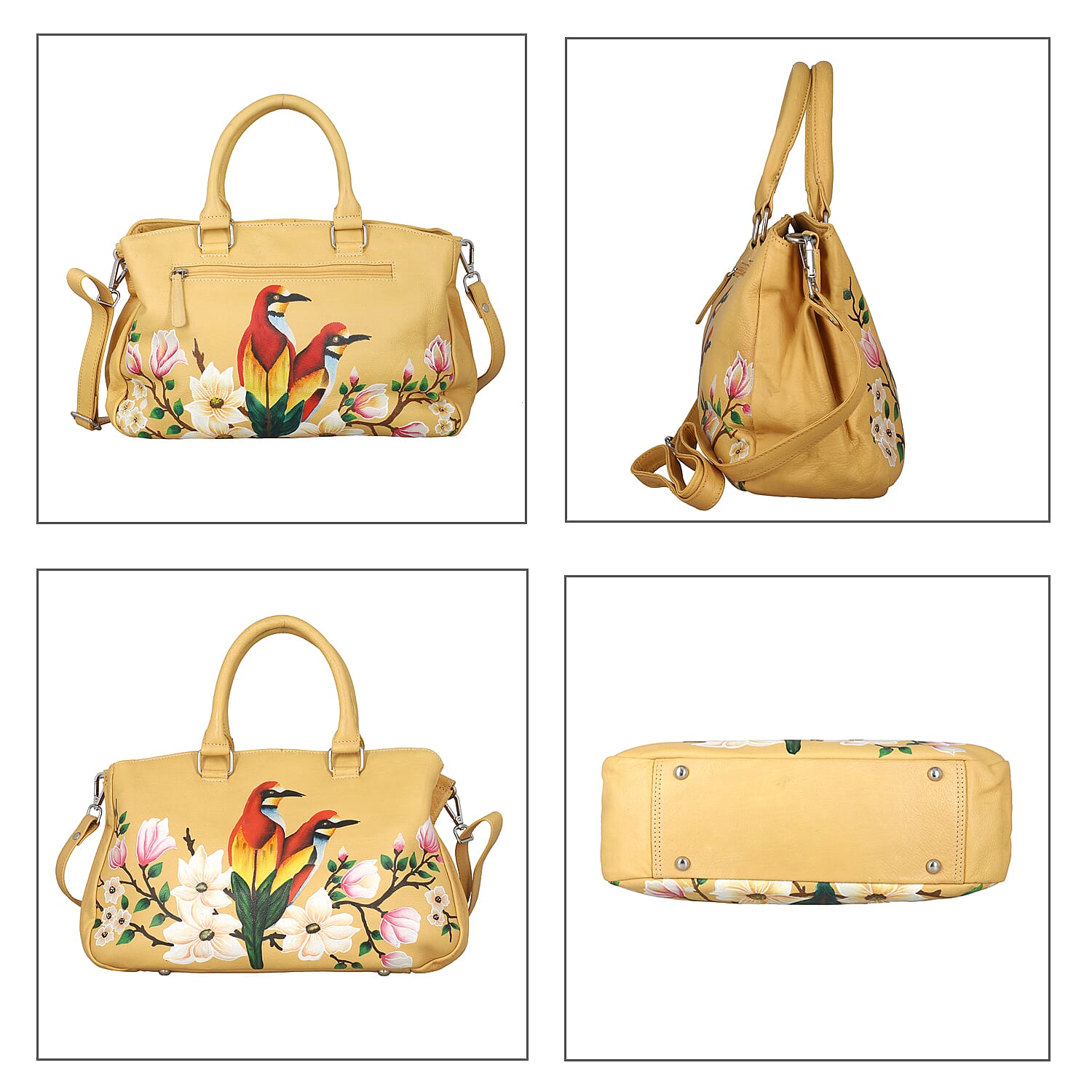 SUKRITI Beige Floral Bird Hand Painted Genuine Leather Shoulder Bag
