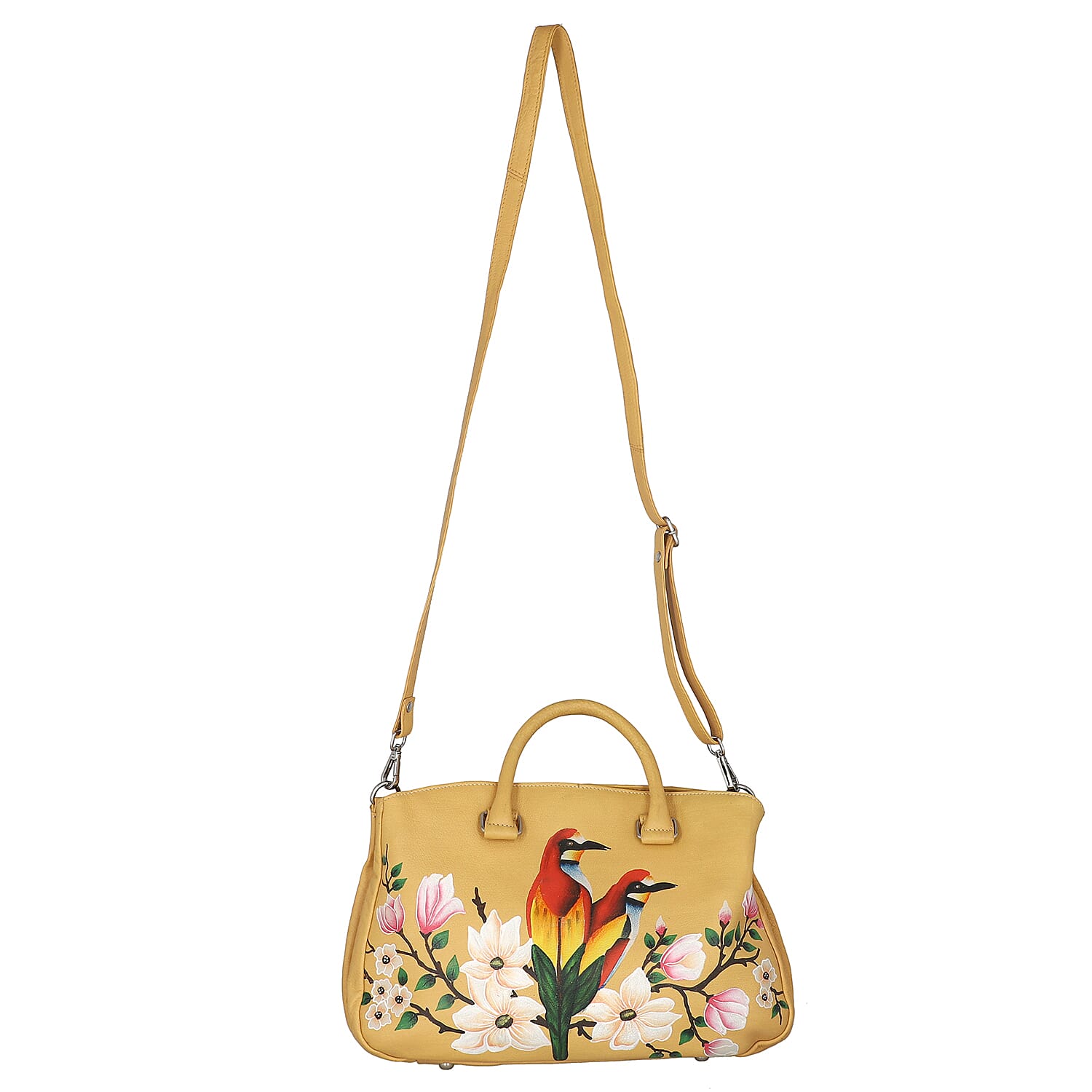 SUKRITI Beige Floral Bird Hand Painted Genuine Leather Shoulder Bag