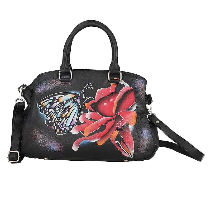 SUKRITI Black Butterfly on Rose Hand Painted Genuine Leather Shoulder Bag