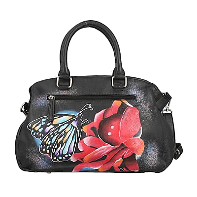 SUKRITI Black Butterfly on Rose Hand Painted Genuine Leather Shoulder Bag