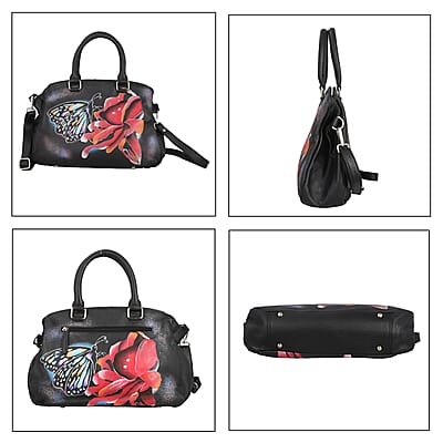 SUKRITI Black Butterfly on Rose Hand Painted Genuine Leather Shoulder Bag