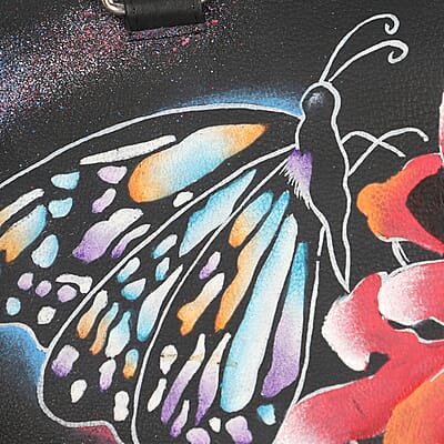 SUKRITI Black Butterfly on Rose Hand Painted Genuine Leather Shoulder Bag
