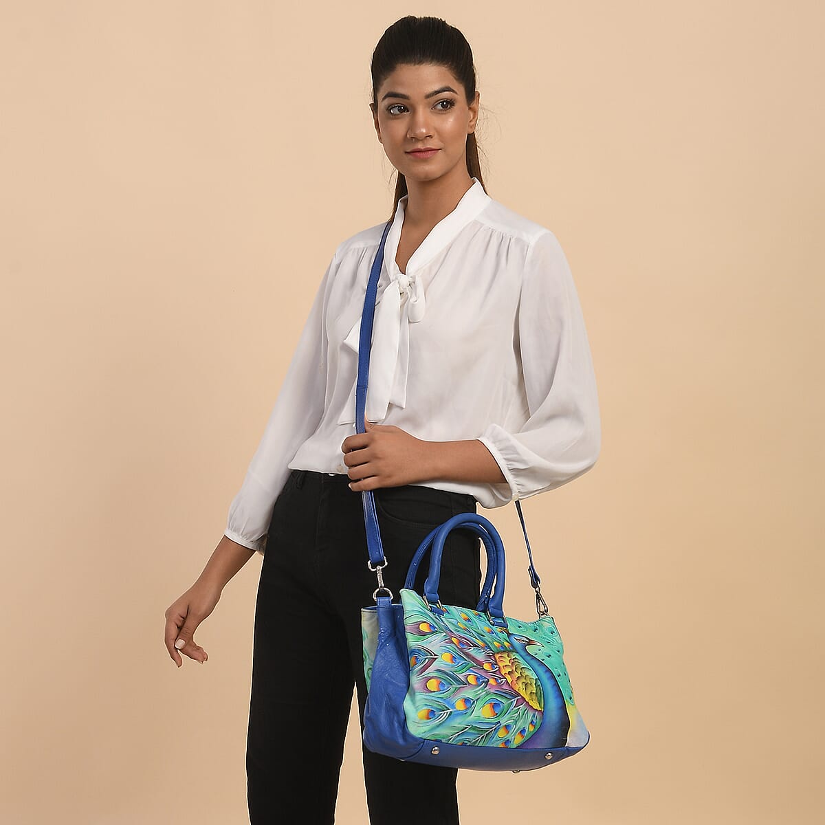 SUKRITI Blue Forest Peacock Hand Painted Genuine Leather Shoulder Bag image number 2