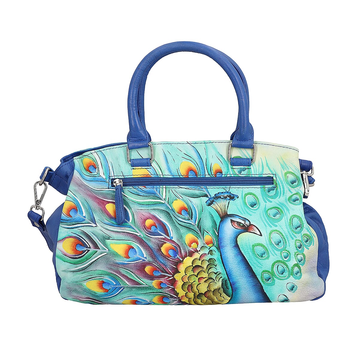 SUKRITI Blue Forest Peacock Hand Painted Genuine Leather Shoulder Bag image number 3