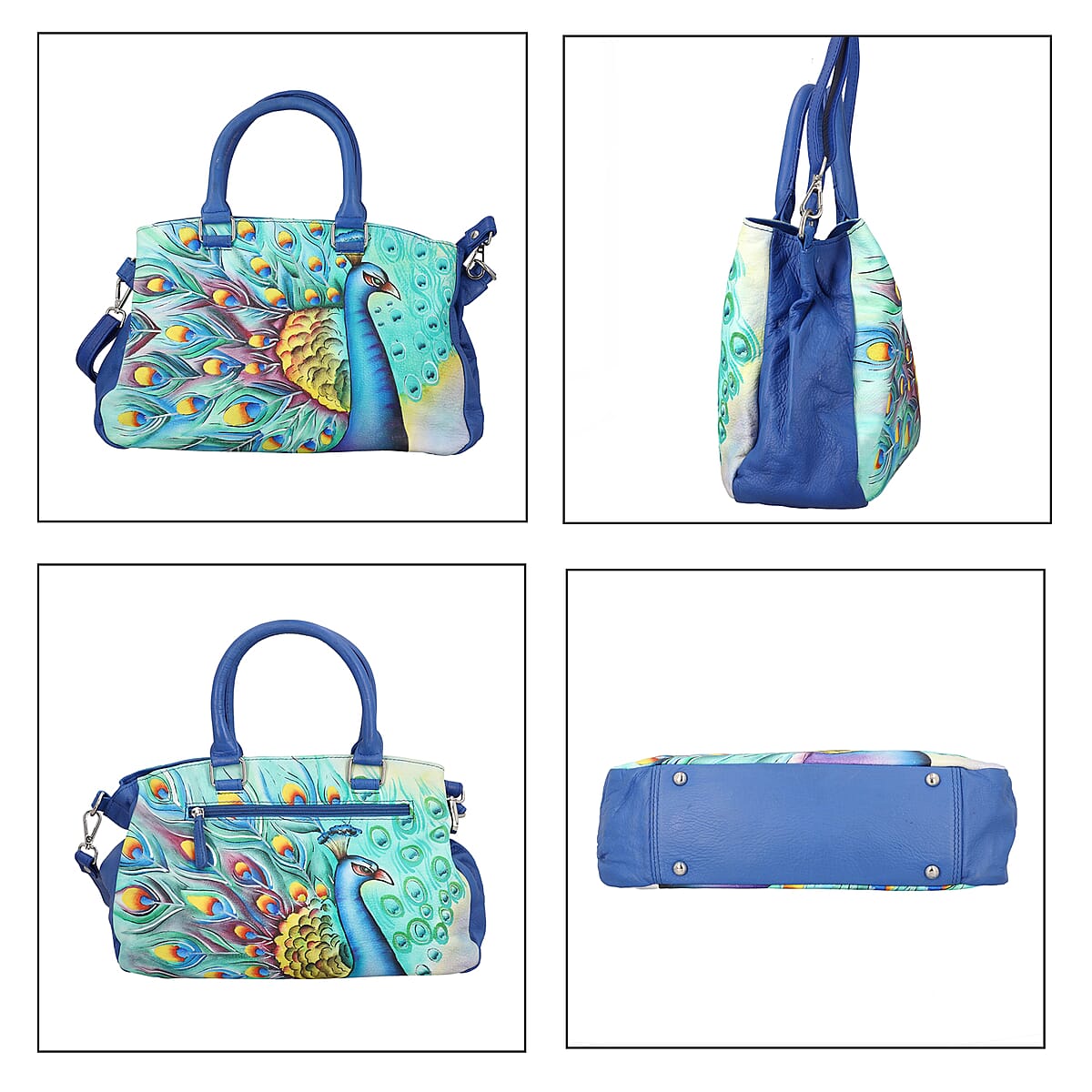 SUKRITI Blue Forest Peacock Hand Painted Genuine Leather Shoulder Bag image number 5