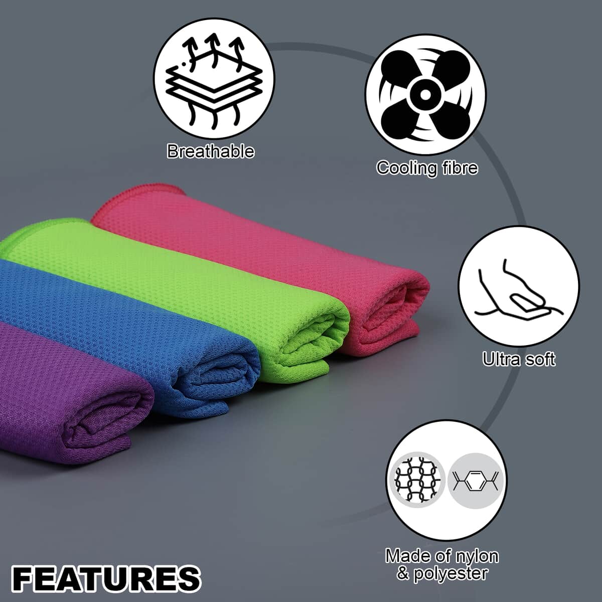 HOMESMART Set of 4 Multi Color 45% Polyester & 55% Nylon Cooling Towels (12"x35") image number 2