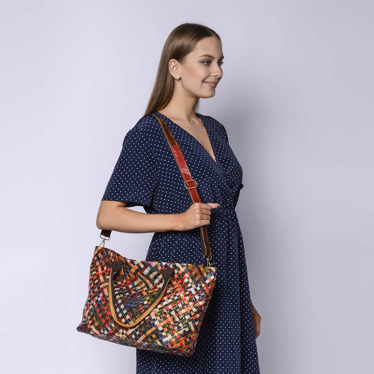 CHAOS BY ELSIE Multi Color Weave Pattern Genuine Leather Convertible Tote Bag image number 1