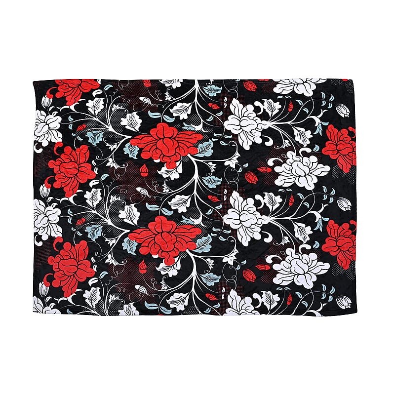 Homesmart Set of 2 Black/Flower Print Pattern & Red Solid Microfiber Flannel Blanket
