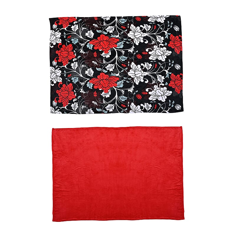 Homesmart Set of 2 Black/Flower Print Pattern & Red Solid Microfiber Flannel Blanket