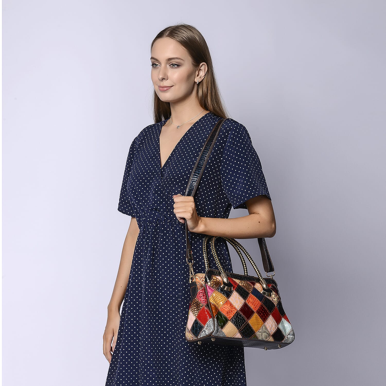 CHAOS BY ELSIE Fall Multi Color Mosaic Theme Pattern Genuine Leather Convertible Tote Bag
