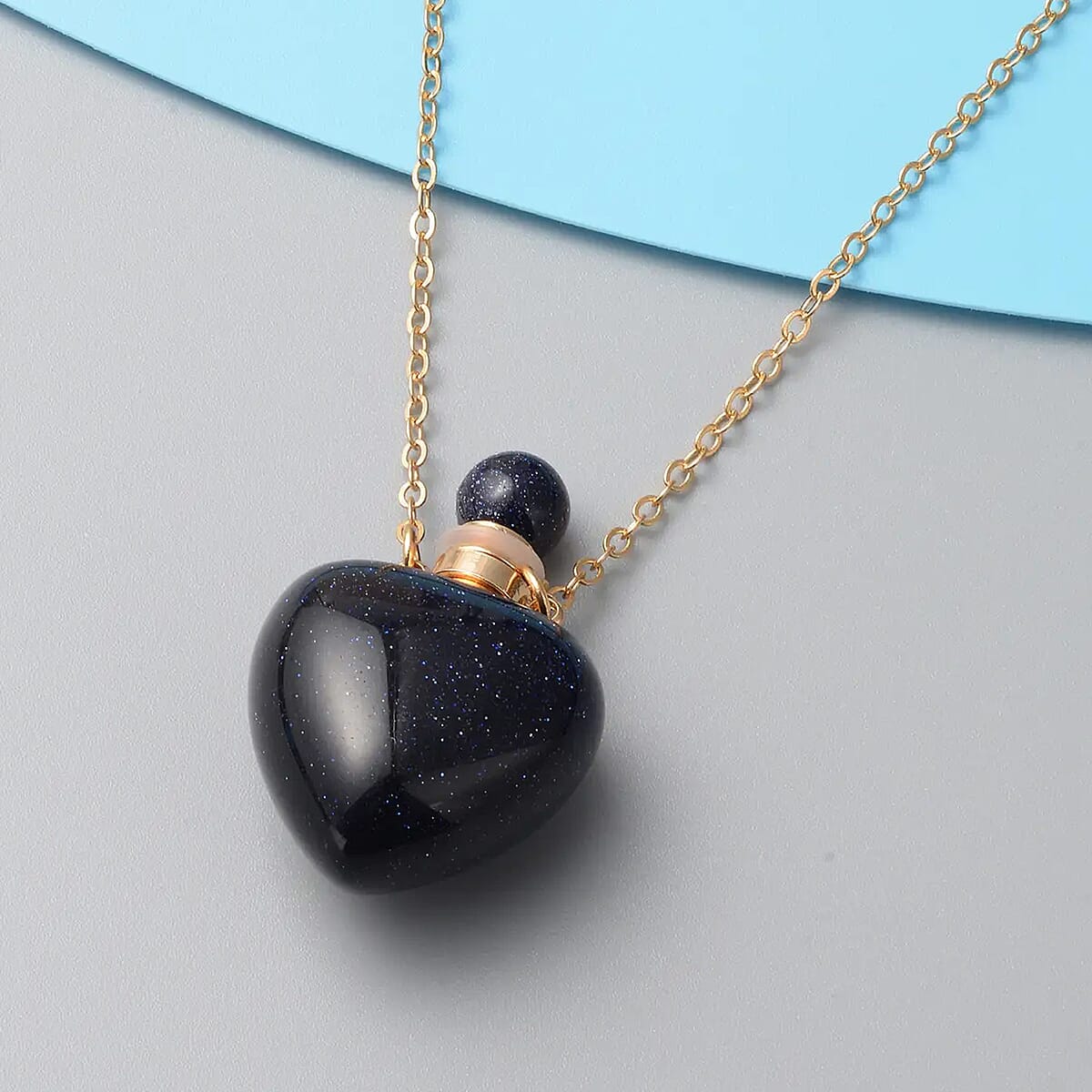 Blue Sandstone Perfume Bottle Necklace 22 Inches in Goldtone image number 1