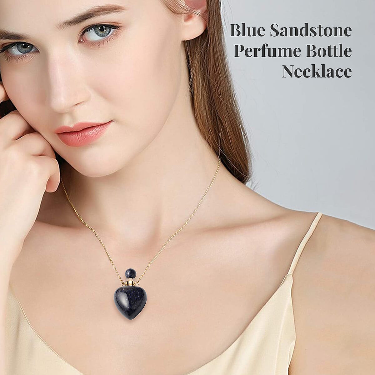 Blue Sandstone Perfume Bottle Necklace 22 Inches in Goldtone image number 2