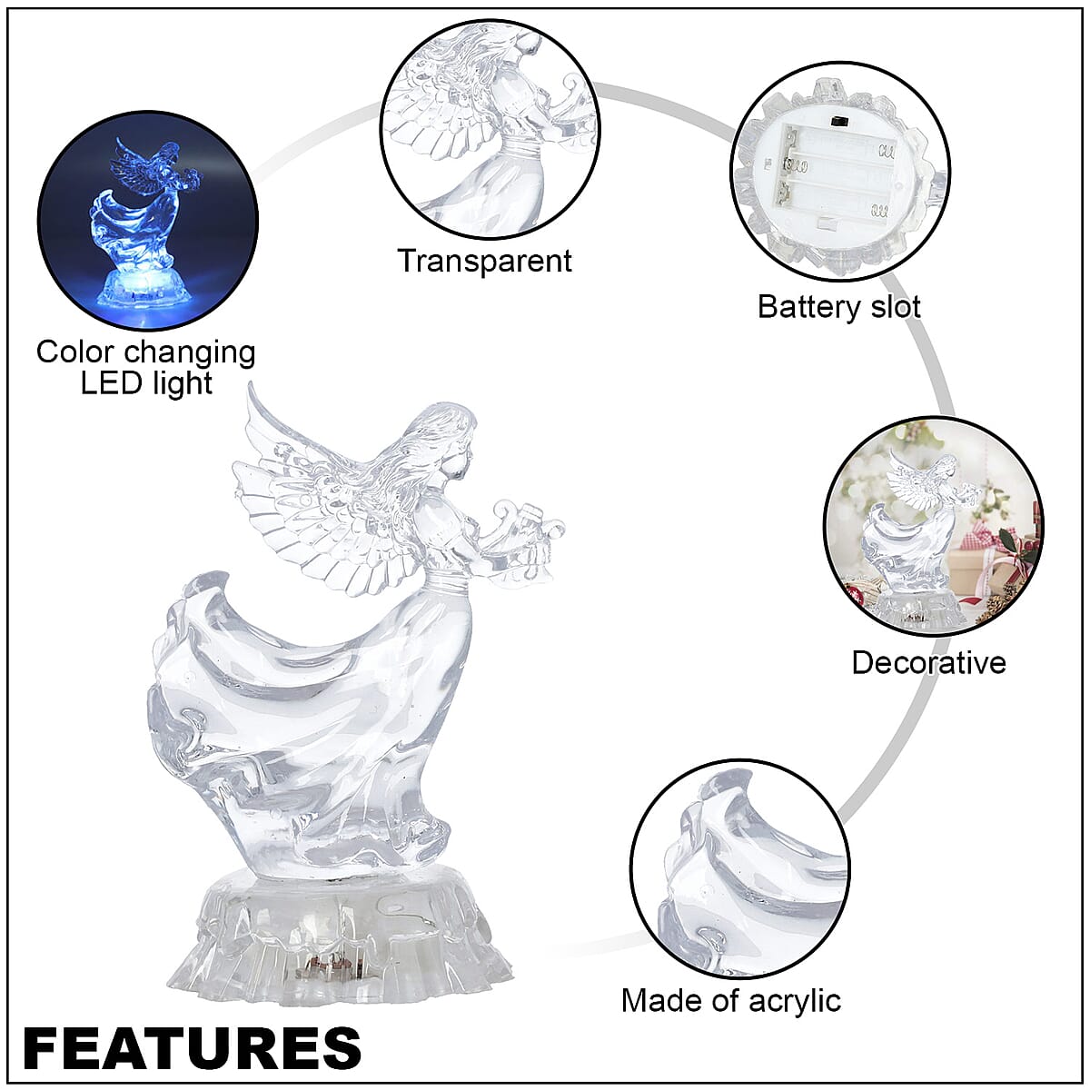 Transparent Acrylic Angel Playing Harp with Color Changing LED Light (3xAAA Batteries Not Include) image number 2