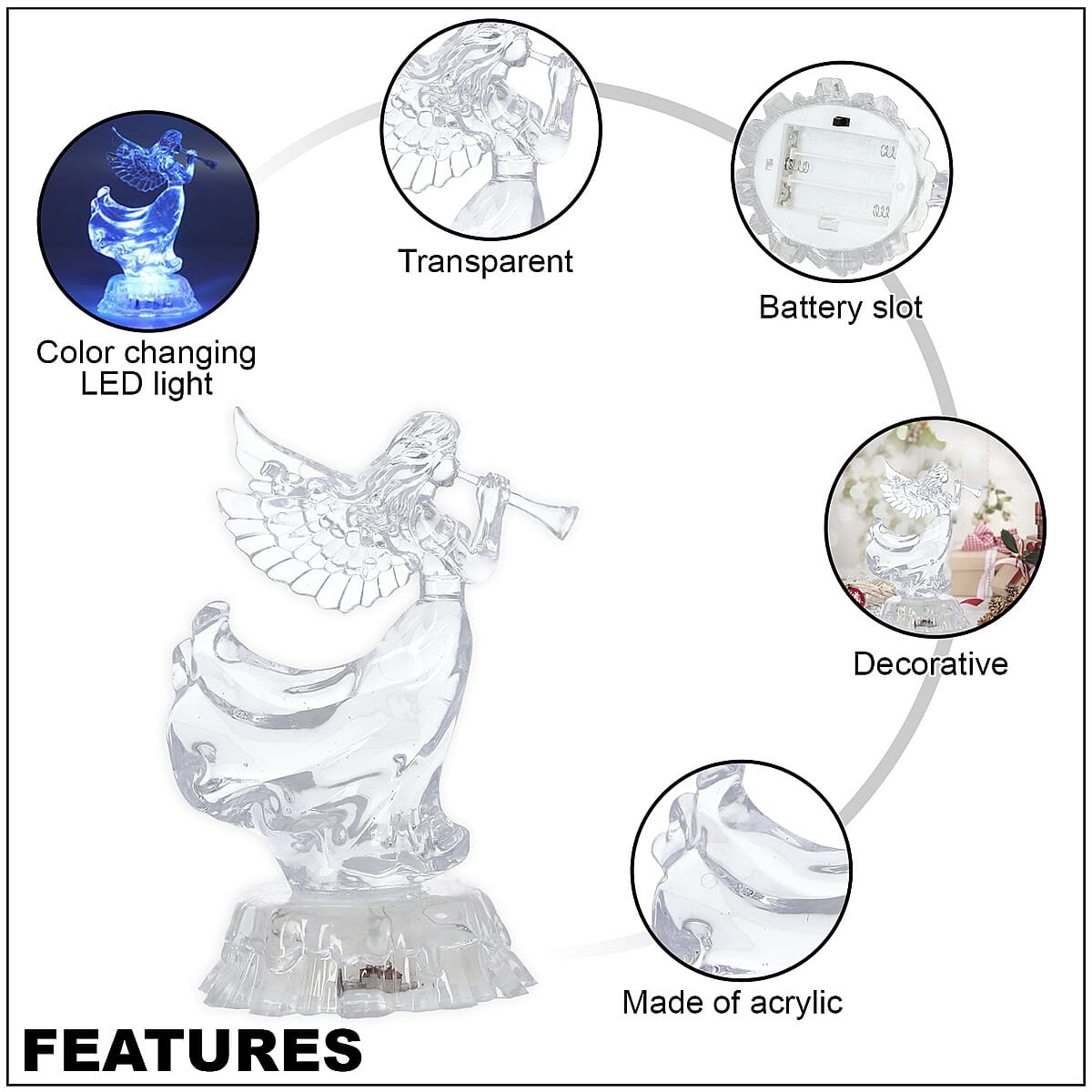 Transparent Acrylic Angel Playing Trumpet with Color Changing LED Light (3xAAA Batteries) image number 2