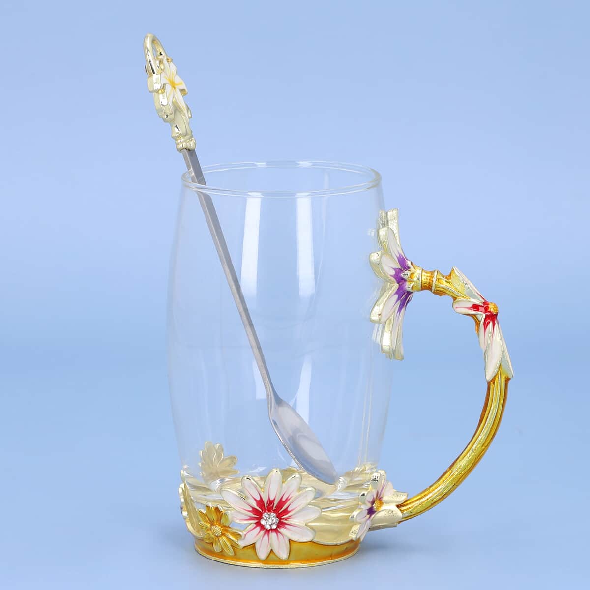 Pink & Gold Floral 3D Enamel Cup with Spoon Set (350 ml), Kitchen Decor, Glass Cup, Glass Mugs, Gift Item image number 0