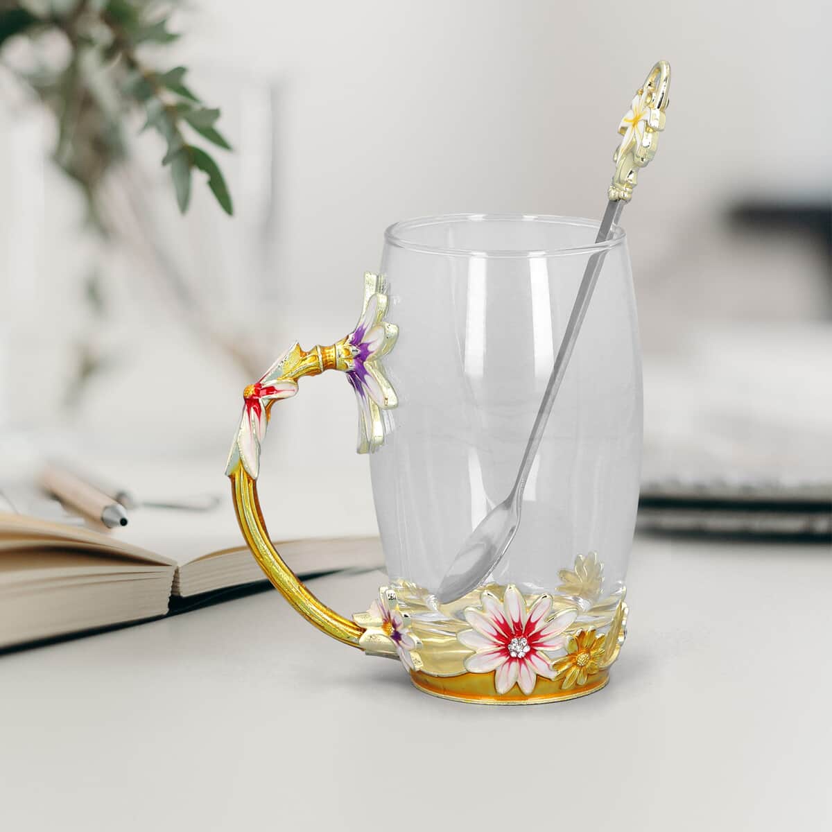 Pink & Gold Floral 3D Enamel Cup with Spoon Set (350 ml), Kitchen Decor, Glass Cup, Glass Mugs, Gift Item image number 1