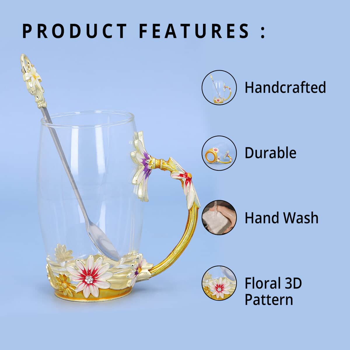Pink & Gold Floral 3D Enamel Cup with Spoon Set (350 ml), Kitchen Decor, Glass Cup, Glass Mugs, Gift Item image number 2