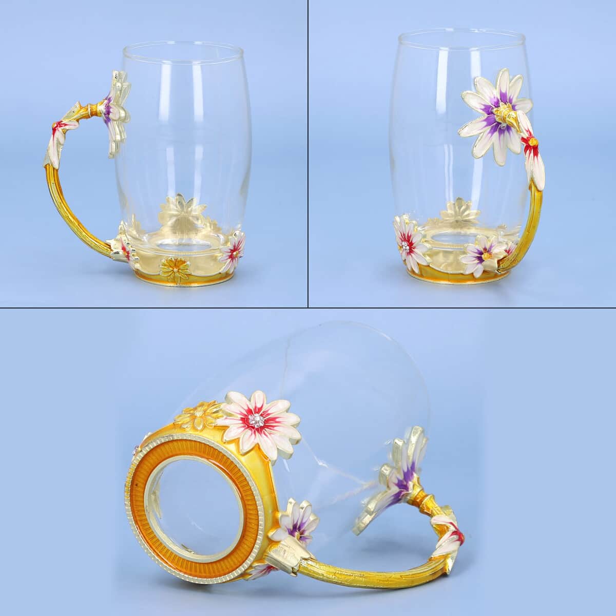 Pink & Gold Floral 3D Enamel Cup with Spoon Set (350 ml), Kitchen Decor, Glass Cup, Glass Mugs, Gift Item image number 4