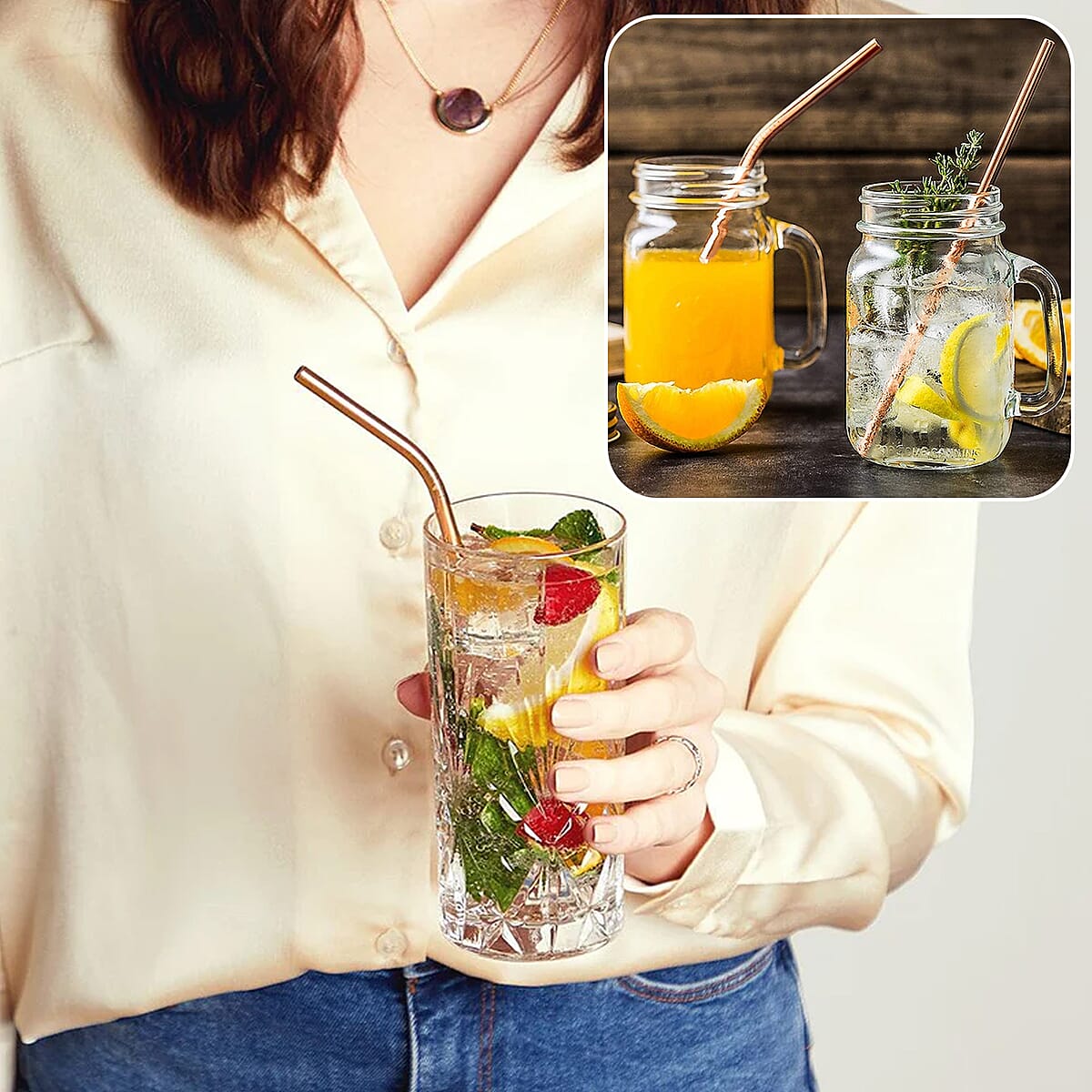 Red Copper 8 Reusable Stainless Steel Straws image number 1