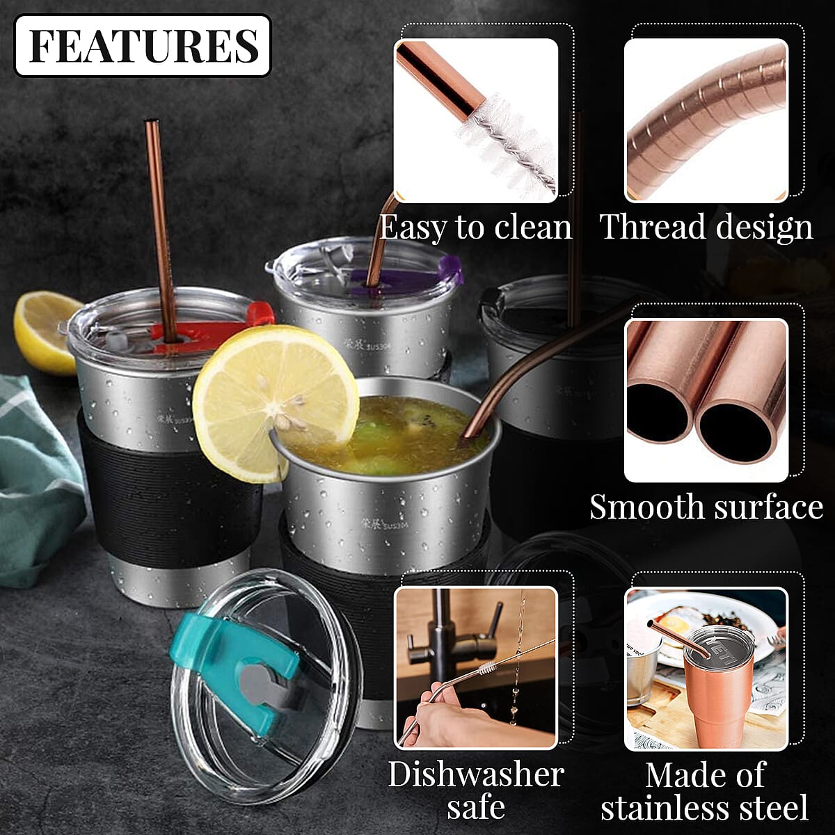 Red Copper 8 Reusable Stainless Steel Straws image number 2