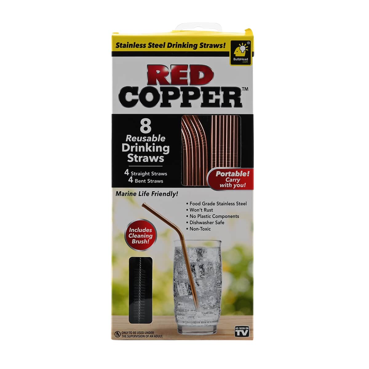 Red Copper 8 Reusable Drinking Straws 4 Straight Straws, 4 Bent Straws  Includes Cleaning Brush! 