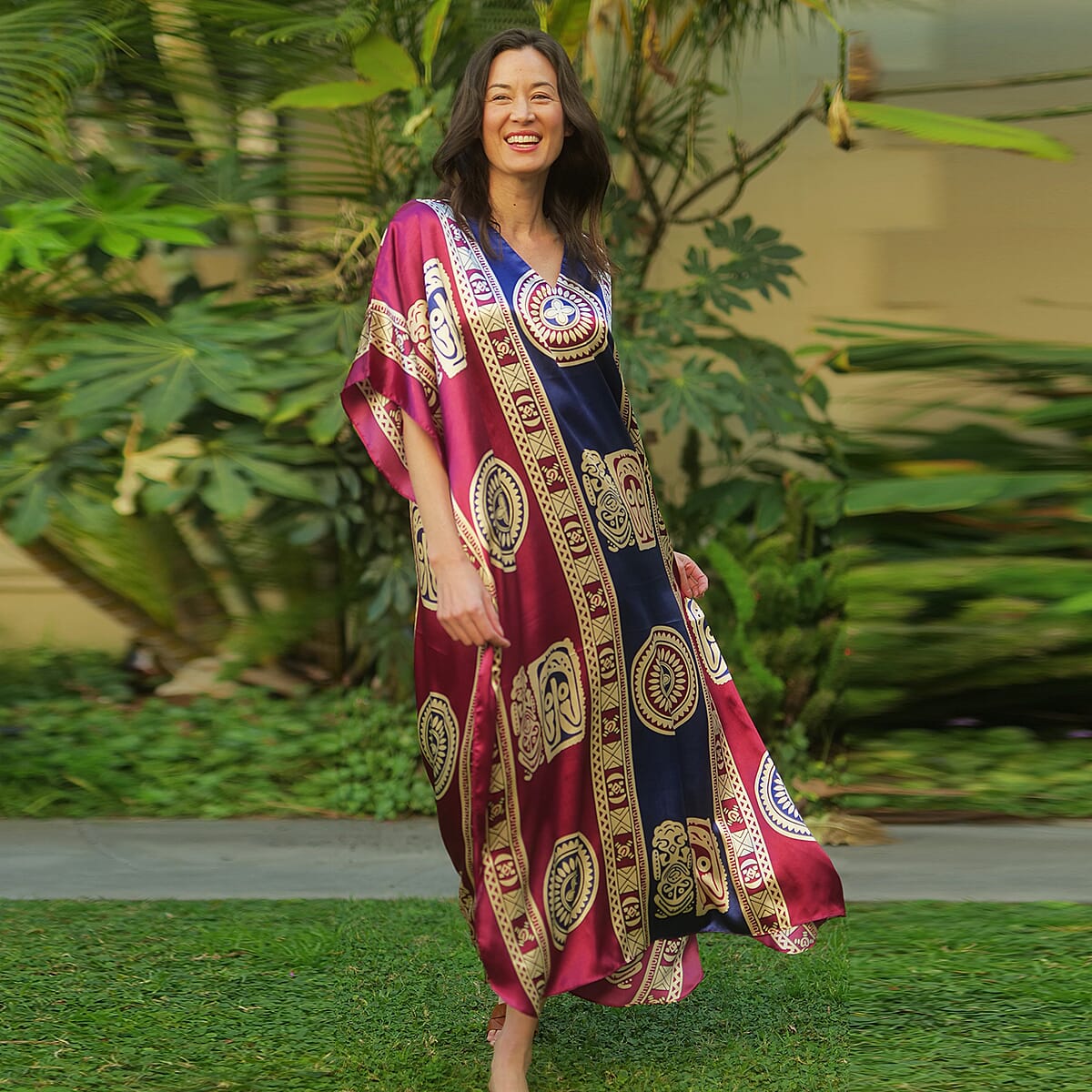 Winlar Burgundy Symbol Print V-Neck Long Satin Kaftan (One Size Fits Most) image number 1