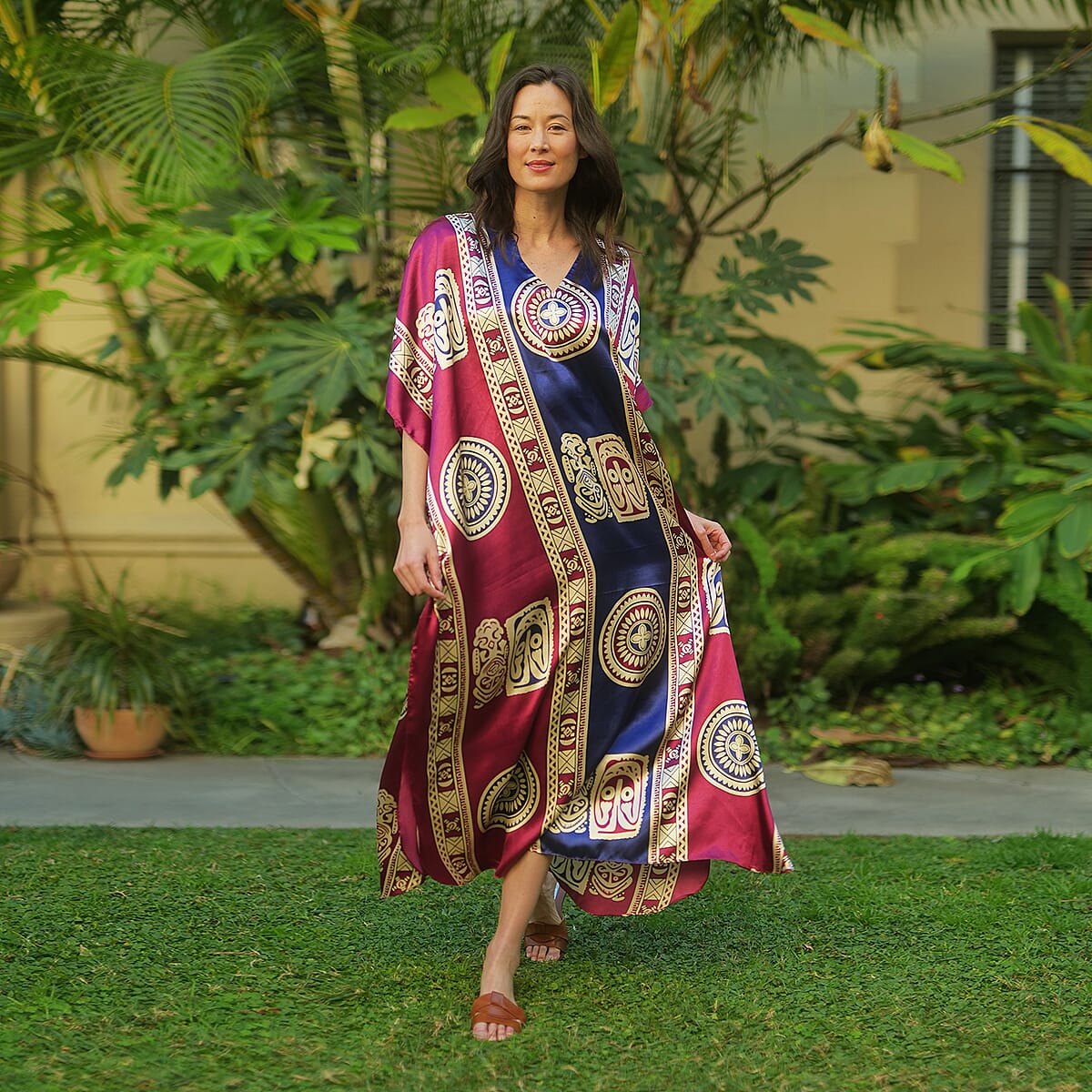 Winlar Burgundy Symbol Print V-Neck Long Satin Kaftan (One Size Fits Most) image number 2