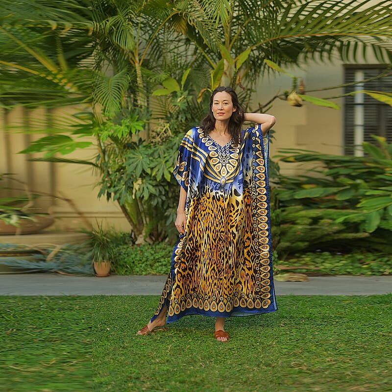 Winlar Blue Jewel Print V-Neck Long Satin Kaftan (One Size Fits Most)