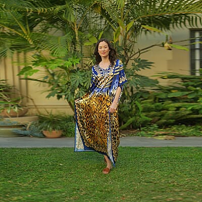 Winlar Blue Jewel Print V-Neck Long Satin Kaftan (One Size Fits Most)