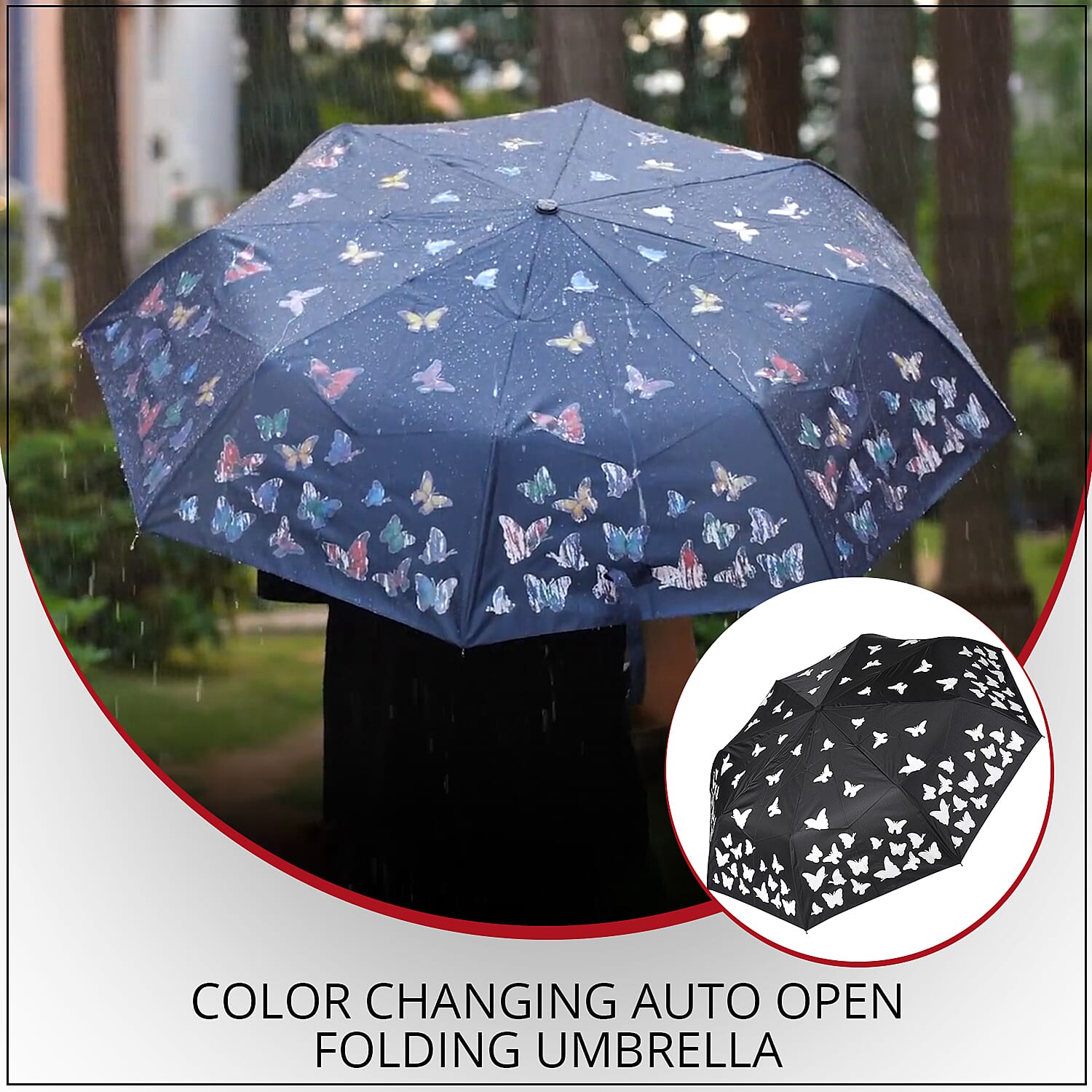Butterfly Pattern Color Changing Auto Open Folding Umbrella - Black