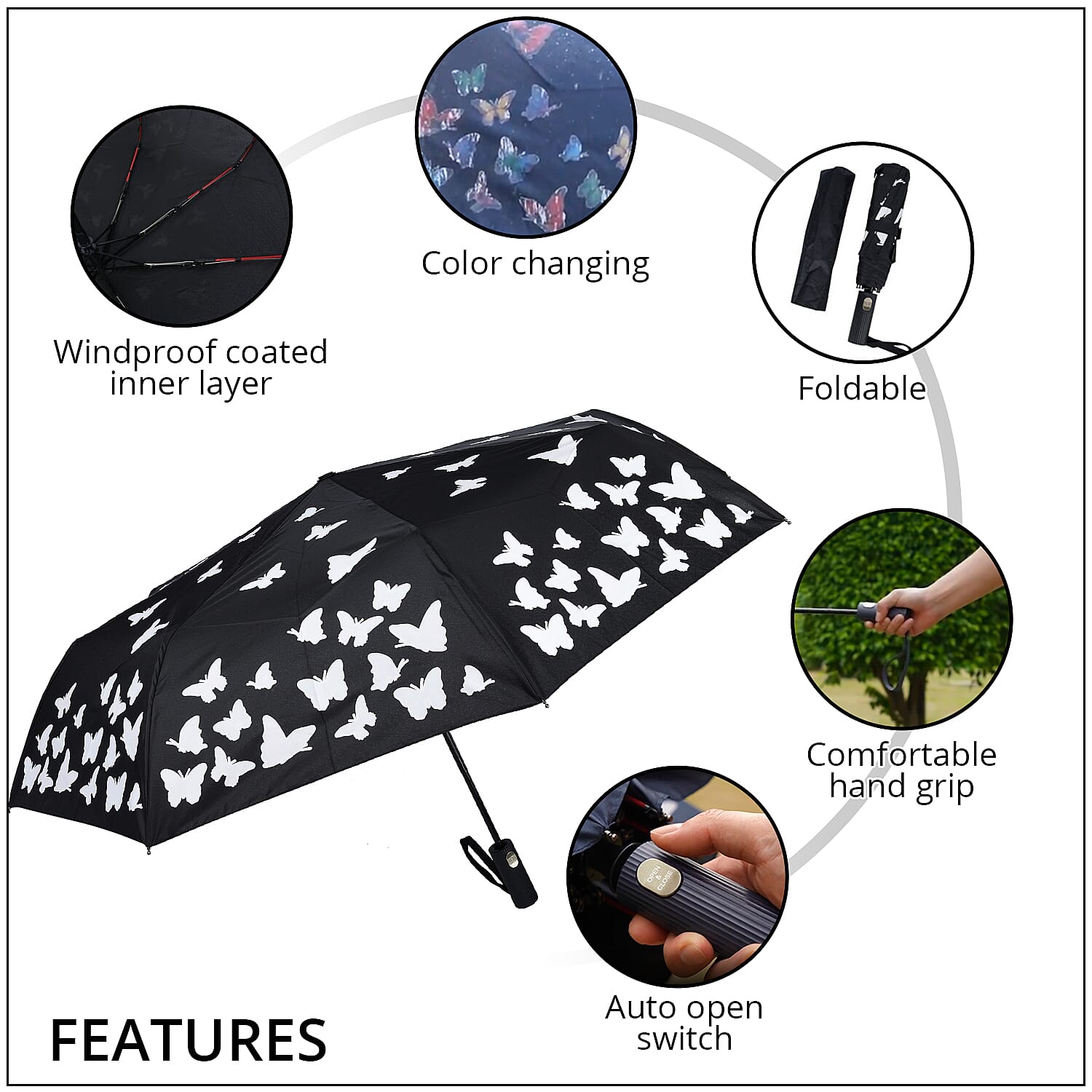 Butterfly Pattern Color Changing Auto Open Folding Umbrella - Black