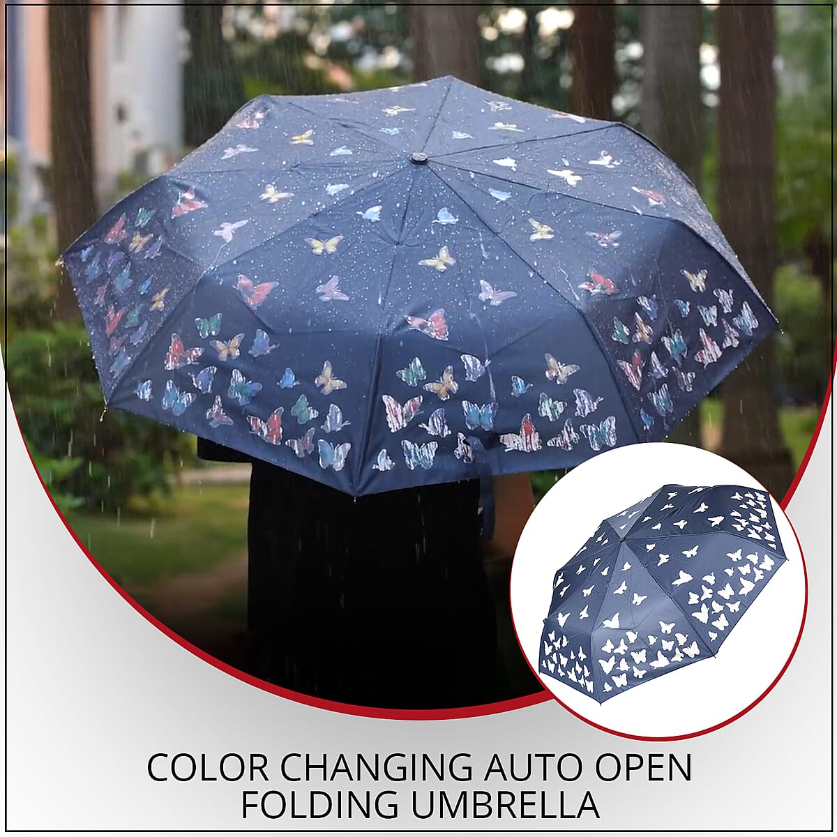 Butterfly Pattern Color Changing Auto Open Folding Umbrella - Black (40.5") image number 1