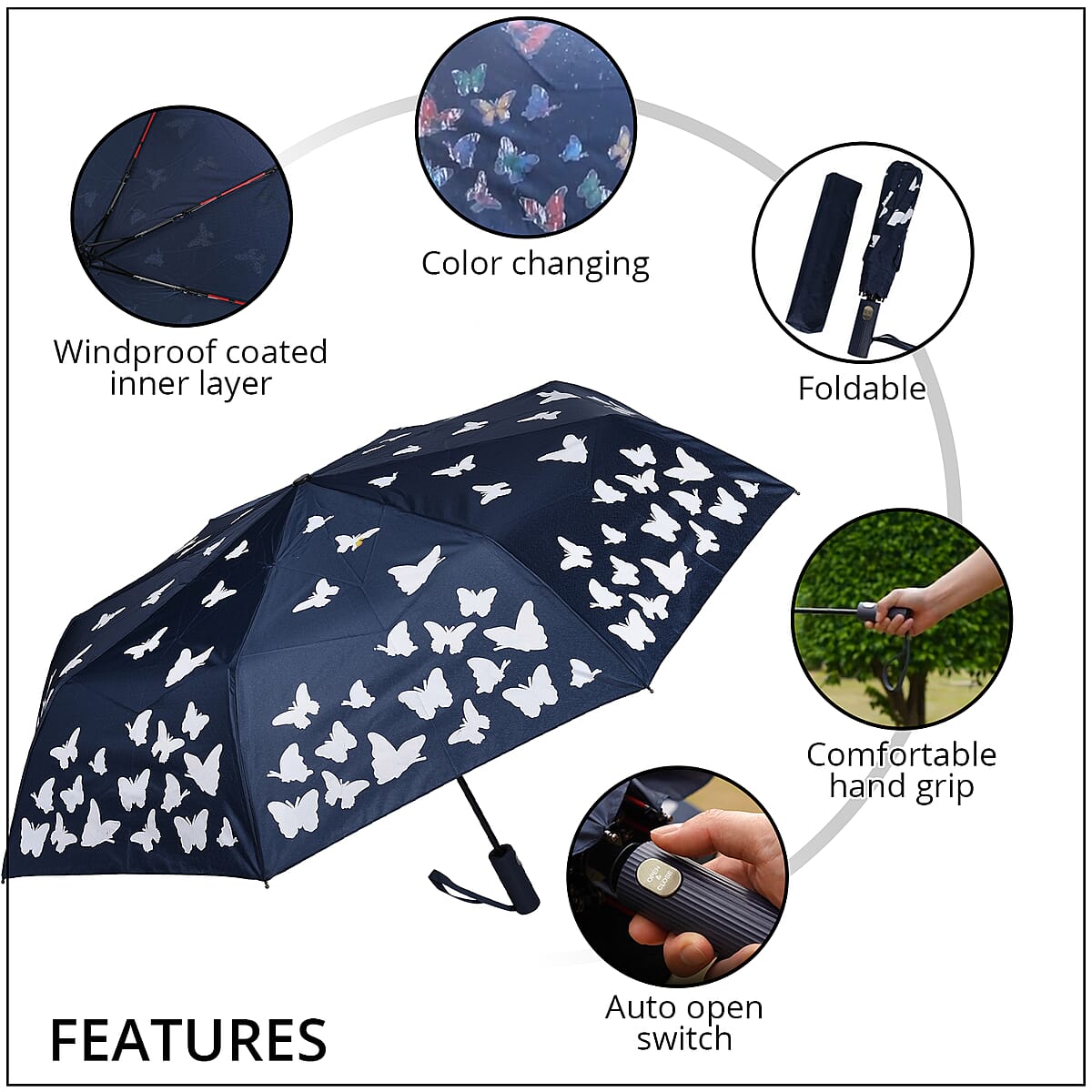 Butterfly Pattern Color Changing Auto Open Folding Umbrella - Black (40.5") image number 2