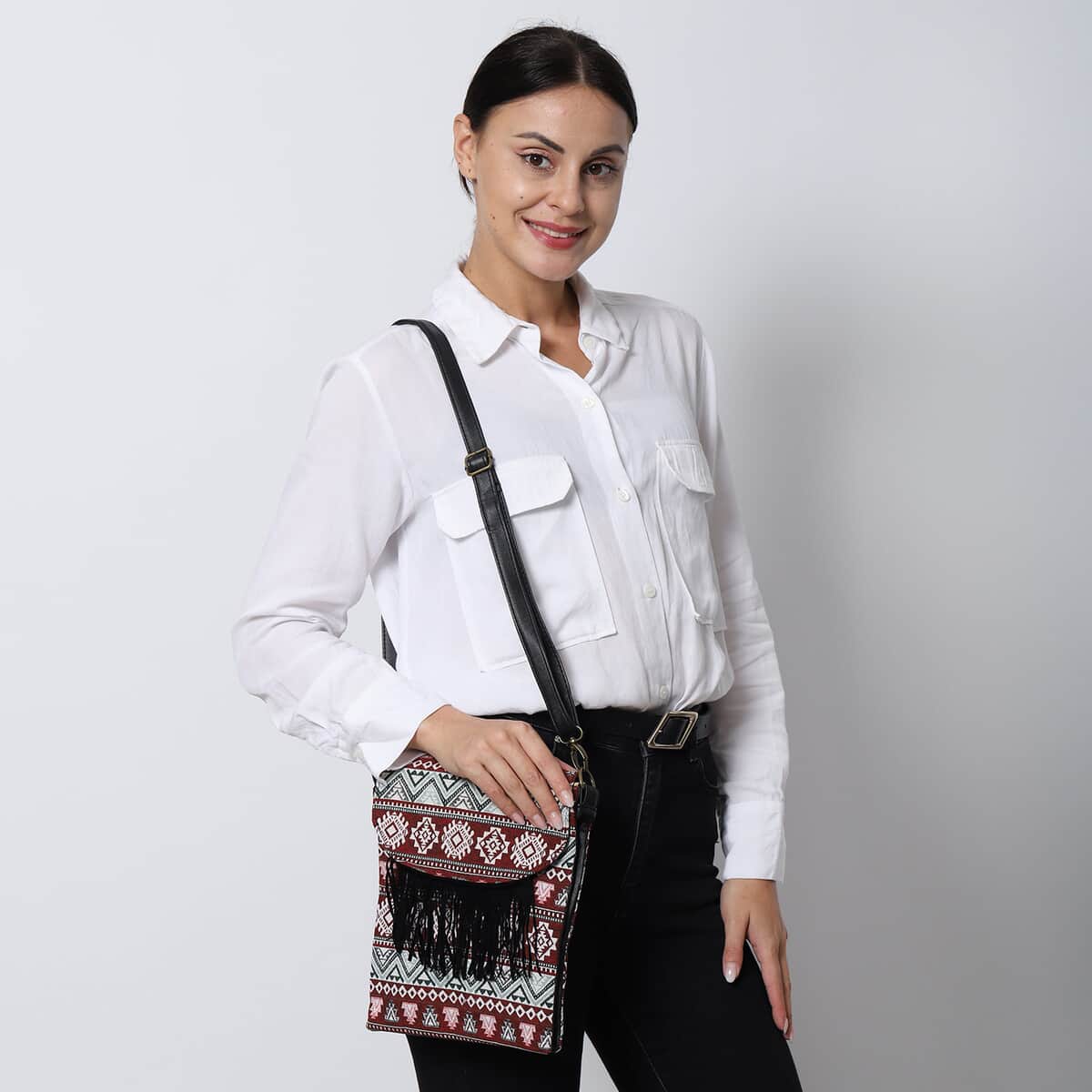 Beige and Santa Fe Pattern Crossbody Bag with Shoulder Strap , Designer Crossbody Bag , Ladies Purse image number 4