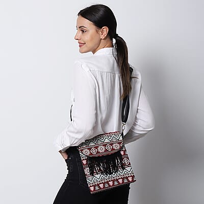 Beige and Santa Fe Pattern Crossbody Bag with Shoulder Strap , Designer Crossbody Bag , Ladies Purse