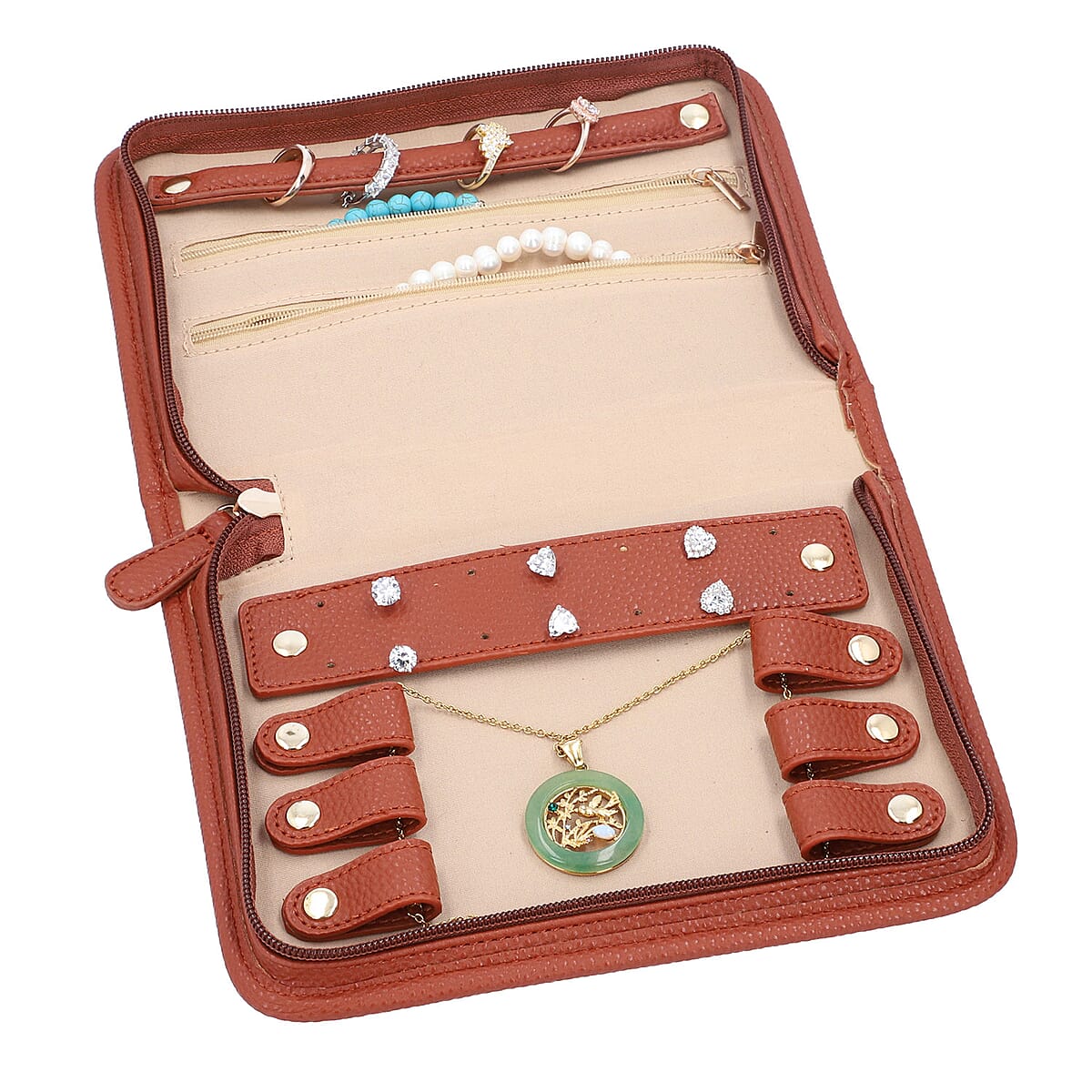 Tan Faux Leather Jewelry Organizer | Lichee Pattern | Travel Jewelry Case | Jewelry Box for Women | Travel Jewelry Organizer image number 6