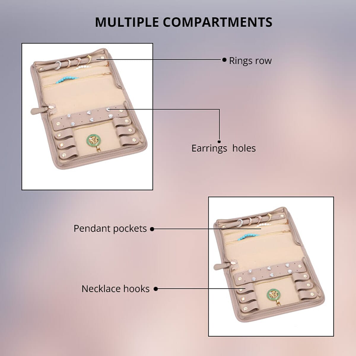 Taupe Faux Leather Jewelry Organizer , Lichee Pattern , Travel Jewelry Case , Jewelry Box for Women , Travel Jewelry Organizer image number 1